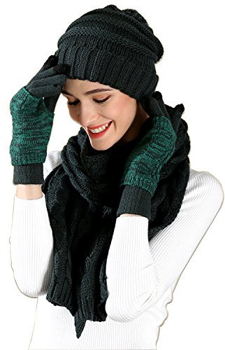 VanRolldex Wintermütze, Handschuhe, Schal, Set für Damen, Zopfstrickmütze, Pom-Mütze, Touchscreen-Handschuh, langer Schal, 3-teiliges Wintergeschenk für Damen und Herren, Grün, F