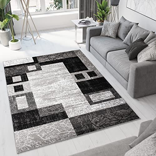 TAPISO Dream Teppich Modern Wohnzimmer Kurzflor Grau Creme Schwarz Vierecke Geometrische Figuren Meliert Schlafzimmer Küche ÖKOTEX 160 x 230 cm