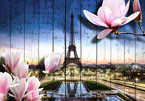wandmotiv24 Papiers peints Fleurs de bois Paris bleu XS 150 x 105cm - 3 pièces Papiers peints photo, peinture murale, papiers peints à motifs, papiers peints intissés Clôture, fleurs, police M1583