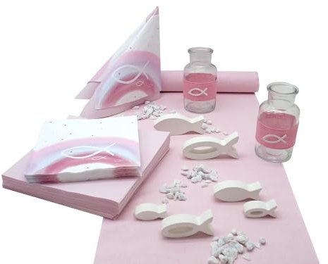 ZauberDeko Tischdeko Kommunion Konfirmation Taufe Pink Rosa Weiß Fisch Regenbogen Set 20 Personen