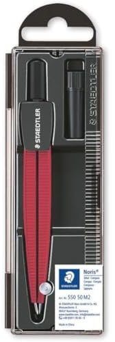 STAEDTLER 550 50 M2 Schulzirkel Noris (Präzisionszirkel für die ersten Kreise in der Schule, mit stumpfwinkliger Sicherheitsnadel) metallic-rot