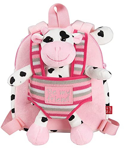 PERLETTI Kuscheltier Kuh Rucksack Kleinkinder mit Plüsch Abnehmbar und Weich - Kinderrucksack Plüschtier Kindergarten Baby Kinder 3 4 5 Jahren - Rosa Plüschspielzeug Kindertasche - 22x25x3 cm (Kuh)