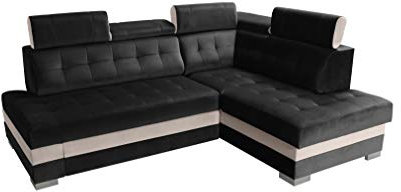 Robin Paris Ecksofa mit Schlaffunktion Bettkasten 5 Verstellbare Kopfstützen Sofa L-Form Schlafsofa Freistehende Eckcouch Schlafcouch Wohnzimmermöbel Wohnlandschaft Rechts Schwarz Creme