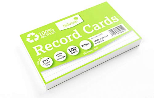 Silvine 5x3 100% Recycled Flash Cards - Lined (100 Cards) White