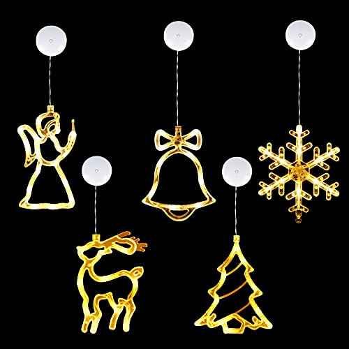 Jodsen Xmas Window Lights,5 Pcs Hanging Christmas Window Light with Suction Cup,Snowflake Elk Outdoor Xmas Fairy Lights Battery Operated Hanging Lamp Decorations for Holiday Shop
