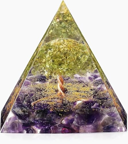 EternalOrgone Tree of Life Crystal Pyramid Peridot with Amethyst Quartz Stone Orgonite Pyramid for Crystal Healing Meditation that Promotes Wealth, Prosperity and Attracts Success