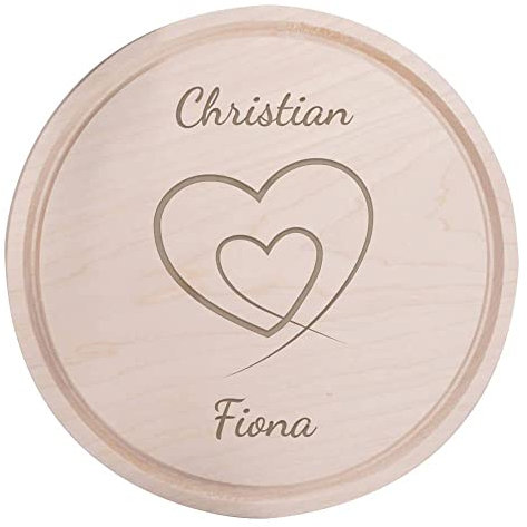 Deitert Frühstücksbrettchen mit Name oder Wunschtext graviert - Holzbrett Geschenk für Valentinstag, Hochzeit, Geburtstag für Frauen/Männer - Schneidebrett Holz Rund, 28 cm Ø, Herzpaar Gravur