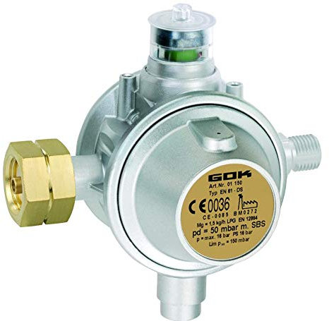 BOGAPRO Gewerberegler für Propangasflaschen, Druckminderer mit Schlauchbruchsicherung, Variante 50 mbar, Gasdruckregler, inkl. Lecksuchspray