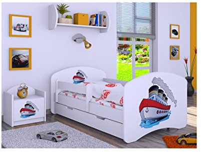 BDW Kinderbett mit Matratze und Bettkasten - NEU, 140/160/180/190 Verschiedene Motive Für Junge Weiß (Schiff, 190x90)