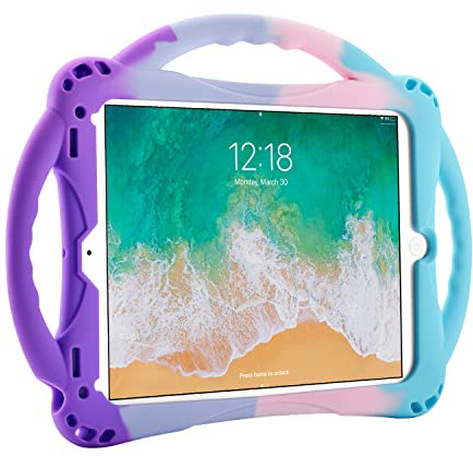 TopEsct,Funda para iPad de 6ª generación, funda para iPad de 5ª generación, soporte de asa integrado, con una correa de silicona a prueba de golpes para iPad Air y Air 2 (morado y turquesa)