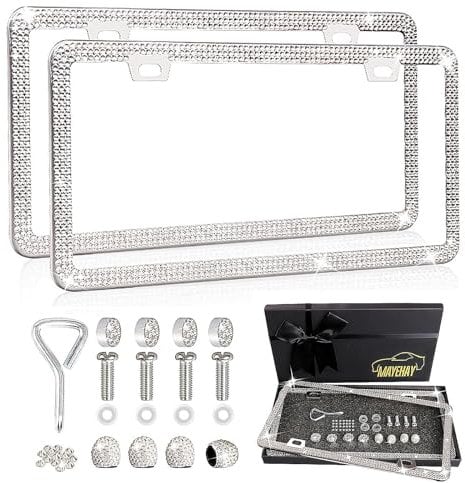 MAYEHAY Bling Nummernschildrahmen für Frauen Strass Nummernschildrahmen 2 Pack Edelstahl Weiß Diamant Nummernschildhalter Bedzzled Nummernschildrahmen Sparkly Tag Kennzeichenrahmen für Auto Frauen