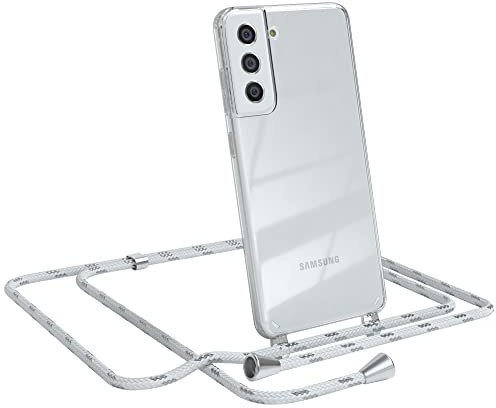 EAZY CASE Handykette kompatibel mit Samsung Galaxy S21 FE 5G Handyhülle mit Umhängeband, Handykordel mit Schutzhülle, Silikonhülle, Hülle, Stylische Kette für Smartphone, Weiß/Silber