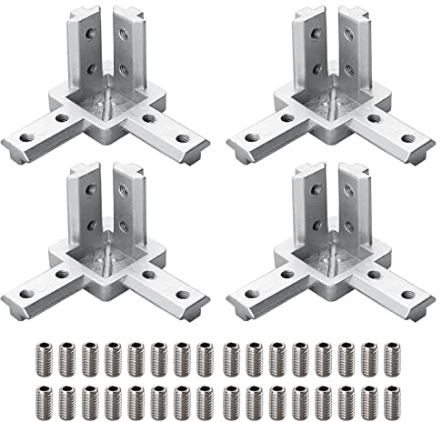 Lot de 4 raccords d'angle à 3 voies - Support avec vis pour rainure de 20 mm/30 mm/40 mm - Profilé en aluminium 6/8 (4040 Nut8 M6)