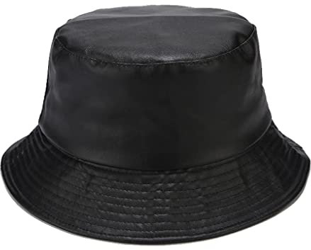 Quanhaigou Fischerhut, metallischer Fischerhut, PU-Leder, trendig, Unisex, wendbar, verstaubar, PU-Leder Schwarz, Einheitsgröße