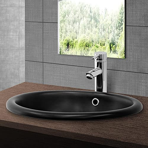 ML-Design Waschbecken aus Keramik in Schwarz matt 49x40,5x19,5 cm Oval, Einbauwaschbecken mit Überlauf, Aufsatzwaschbecken Einbauwaschtisch Waschschale Handwaschbecken, für Badezimmer/Gäste WC