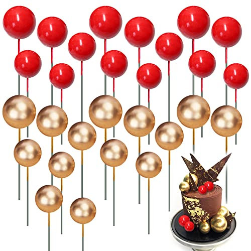 Mini Balloon Cake Topper, 86 PCS Ball Cake Cupcake Toppers, DIY Cake Insert Topper Baking Decor Anniversary Graduation Birthday Party Baby Shower (Red, Gold)
