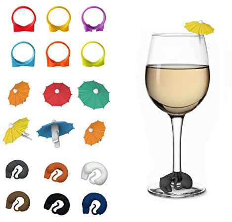 Luvadeyo 18 etiquetas de cristal de vino con diseño de animales y sol, marcador de bebidas de silicona para decoración del hogar, marcador de cristal para vino