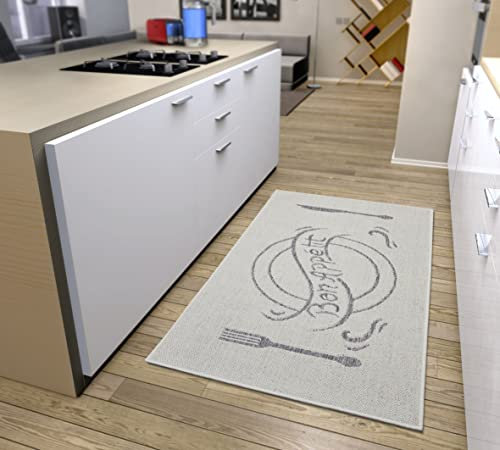Hanse Home Bon Appetit Teppich Läufer – Küchenteppich Küchenläufer mit Schriftzug, rutschfest Pflegeleicht Robust, ÖKO-TEX Teppichläufer für Küche, Flur, Esszimmer – Creme Grau, 92x150cm