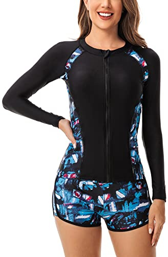 Maillots de Bain 2 Pièces Femmes Manche Longue Rashguard Deux Pièces Femme Mode Col Rond Surf Natation Sport Vêtements de Plage