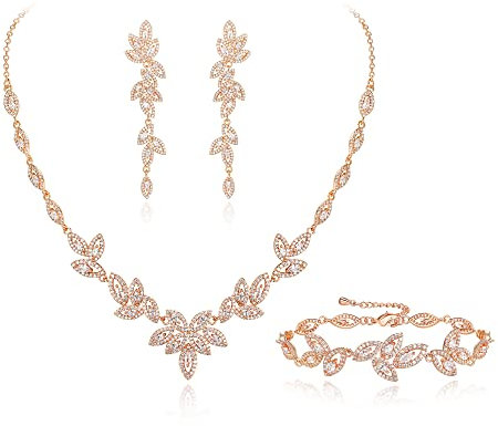 EVER FAITH Cubic Zirkonia Schmuck Set für Braut Brautjungfer, Elegante Marquise Blatt Halskette baumeln Ohrringe Armband für Damen Klar Rosegold-Ton