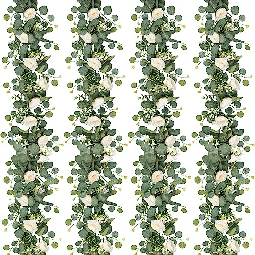 TOCHGREEN 4 Pack Artificial Eucalyptus Flower Garland with White Roses