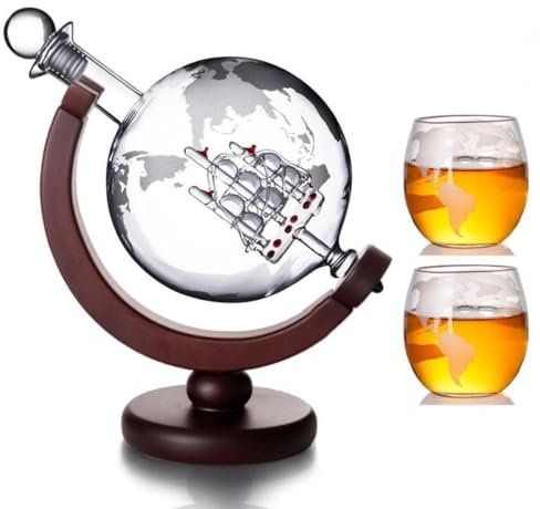 Whiskey Globe Dekanter mit Gläser-Set, Whiskey Karaffe Set mit 1 Dekanter und 2 Gläsern mit Schiff für Scotch, Wodka Geschenk