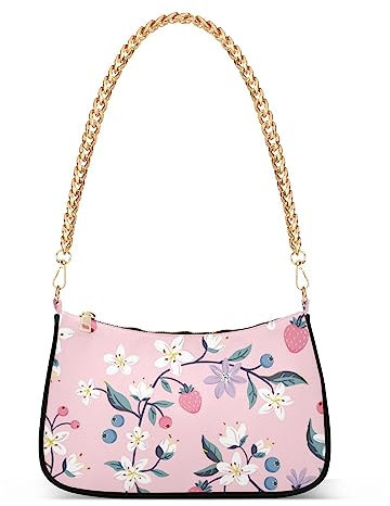 Pink Strawberry Flowers Shoulder Bag for Women Chain Handtaschen Womens Tote Clutch Geldbörsen mit Reißverschluss, Rosa Erdbeere Blumen, Einheitsgröße