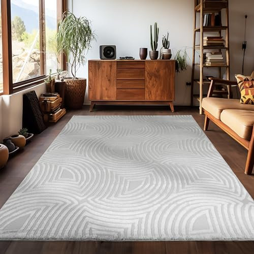 Carpetsale24, Kurzflor Teppich Wohnzimmer 160 x 230 cm, Skandinavischer Boho Teppich Einfarbig Silber, 3D-Effekt, Extra Weich und Waschbar, Deko Teppich für Schlafzimmer, Esszimmer und Küche
