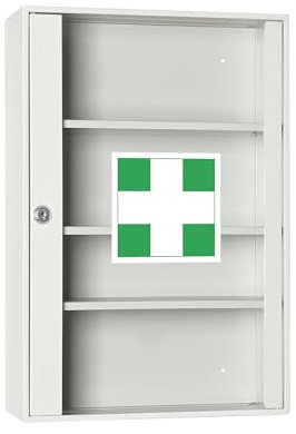 LEOMAR Medizinschrank, Apothekerschrank aus Stahlblech, mit 3 Ablagen, Abschließbar, Hausapotheke inkl. 2 Schlüssel, Medikamentenschrank, Erste-Hilfe-Schrank mit Glastüren 14 x 35 x 52 cm