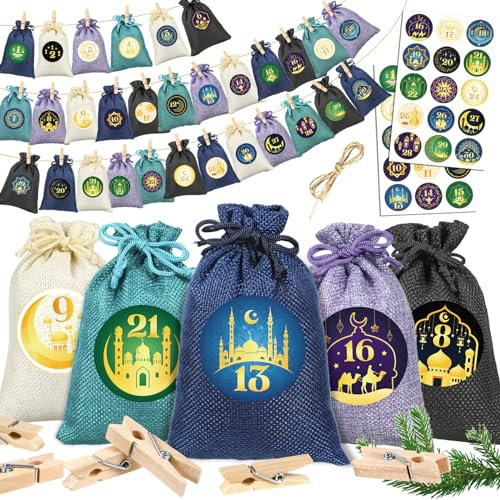 HOWAF Ramadan Kalender zum Befüllen 2025, Ramadan Adventskalender zum Selbstbefüllen mit Adventskalender Tüten, 1-30 Ramazan Kalender Aufkleber, DIY Ramazan Kalender für Eid Ramadan Mubarak Deko