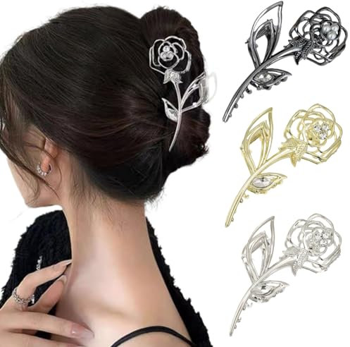 Ypkia 3 Stück Blumen Haarklammer Metall Haarspange Groß Set Haarspangen Damen Rutschfeste Haar Klaue Clip Für Frauen Und Mädchen Dickes Haar-accessoires (Gold, Schwarz, Silber)