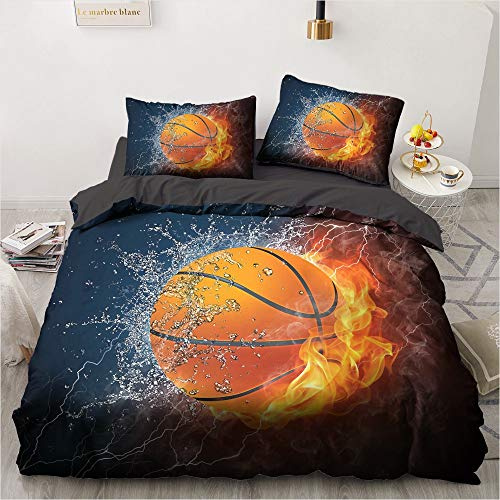 YASMENG Basketball Bettwäsche 155x220 3 Teilig Jungen 3D Flamme Wasser Orange Bettbezug Set Weich Mikrofaser Bettwäsche Basketball für Jugendliche Kinder mit Reißverschluss und 2 Kissenbezüge 80x80 cm
