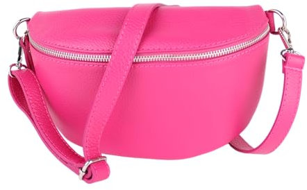 MIRROSI® Bauchtasche Damen, Made in Italy, Echtleder Umhängetasche Echtes Leder, Brusttasche, Crossbody Bag aus Echtem Leder, in 3 Größen erhältlich (Pink Silberner Reißverschluss) (Gr.S)