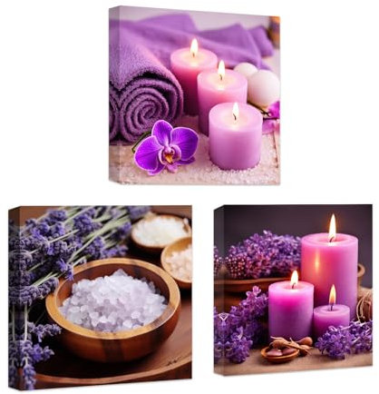CCWACPP Zen Leinwand Wanddekoration 3 teilig lila Aromatherapie Kerzen Blumenbild Druck Badezimmer Schönheit Spa Behandlung Meditationsraum Wanddekoration gerahmt (30x30cmx3)