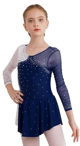 inhzoy Abito da Pattinaggio Artistico Bambina Manica Lunga Vestito da Balletto Ginnastica Artistica Body da Danza Classica Ballerina Strass Leotards Vestito da Ballo Lirico Blu Scuro A 13-14 Anni