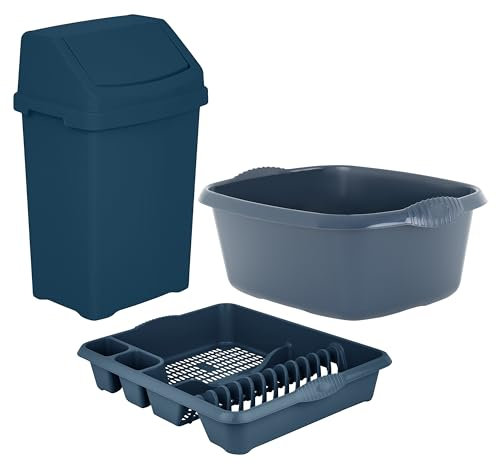 JMS we create smile Set of 3 - Plastic 50L Litre Swing Bin + Large Dish Drainer + Rectangular Washing Up Bowl Multipurpose Drying Rack Organizer Office Home & Kitchen Accessories (Navy)
