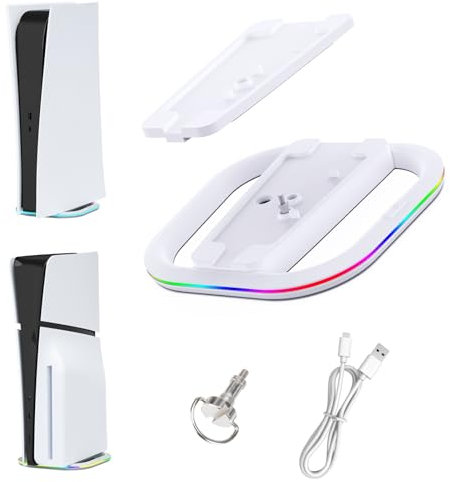 Aceshop Supporto Verticale per Console PS5/PS5 Slim Disc e Digital, 7 Modalità RGB Base di Ricambio per PS5/PS5 Slim, Supporto Antiscivolo Stabile per PS5/PS5 Slim, Supporto Base con Vite e Cavo USB