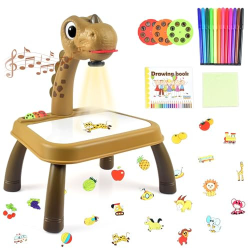 Innoocool Kids Drawing Table with Light & Music, Art Toy for Ages 3+ - Includes Pen, Drawing Book, Erasable Board - Brown (37 * 27 * 23cm)