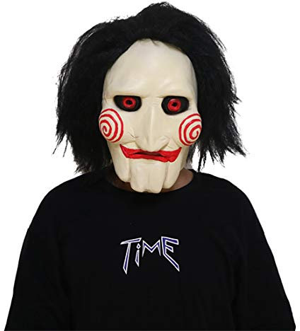 Fehodun Saw Maske Horror Puppen Maske Clown Killer Billy Maske Gruselige Puzzle Maske mit langen Haaren Halloween Gruselige Dämonenrequisiten für Erwachsene