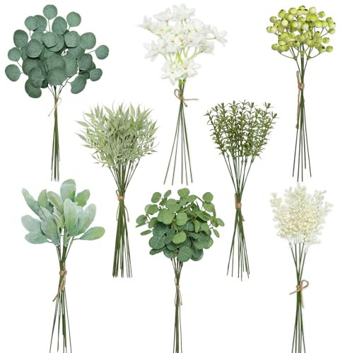 ASTNIC Juego de 75 tallos de vegetación artificial, con 8 tipos de ramas de vegetación sintética, hojas y flores falsas, eucalipto para bricolaje, boda, ramo de flora, arreglo de mesa, centros de mesa