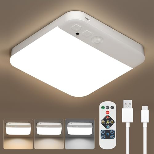 Kambo LED Deckenlampe mit Bewegungsmelder - Akku Deckenleuchte Innen USB - Lampe mit Dimmbar Fernbedienung 3000K 4500K 6500K für Flur Keller Garage Treppe Schrank