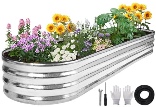 BIRDSINYARD Hochbeet für den Außenbereich - Pflanzgefäße Hochbeete für die Gartenarbeit | Metall-Garten-Pflanzgefäß mit Sicherheitsrand und Handschuhen (Silber, 240 x 60 x 30 cm, 1 Stück)