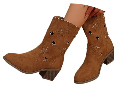 shownicer Stivaletti Corti alla Moda Pelle Scamosciata da Donna Stivali da Cowboy Autunno Inverno Moda Tacco a Blocco Stivali Corti Camoscio Stivali Casual a Tubo Medio E Marrone 38