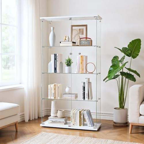 BPKADHY Glasvitrine Standvitrine,Glas vitrinenschrank mit 2 Tür und 4 Lagen Glasvitrinenschrank Vitrine Stehend Sammlervitrine für Sammlerstücke, Bücher, Modelle (2 Tür, 4 Etagen, Weiß)