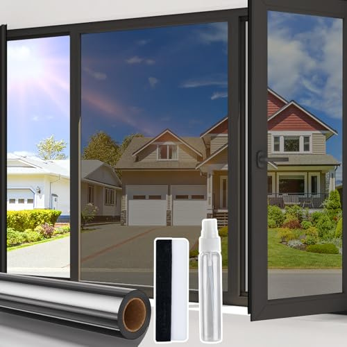Beautysaid Heat Reflective Window Film Privacy One Way, Black 44.5x300cm | Sun Blocker Mirror Window Tint With Tools, UV Solar Blocking Anti Glare Static Cling Tenant-friendly House Doors Home Cover