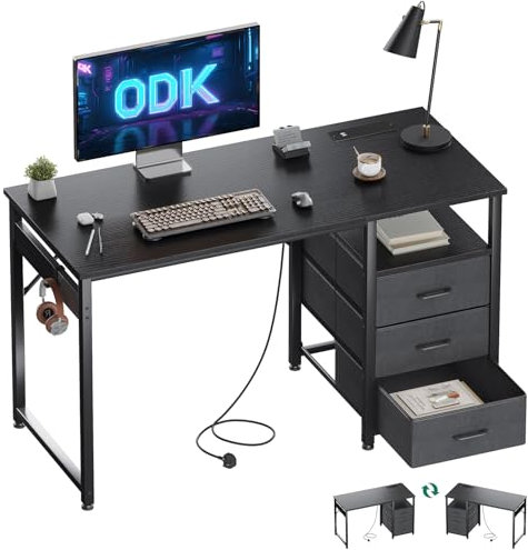ODK 120cm Computer Desk with Drawers, Office Desk with 2 Sockets & USB Ports, Reversible PC Table with Storage, Study Table for Home Office & Bedroom, Black