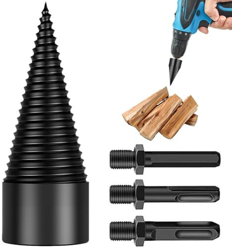 Holzspalter Schraube Kegel Set, 32mm Bohrkegel Holzspalter mit 3 Bohrgriffe Spaltholzkegel Holzspalterbohre, Schraube Kegel Schaft Holzspalter Bohrer Brennholzbohrer für Bohrmaschine