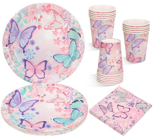 CSYY Juego de 52 platos de papel con diseño de mariposa, para 16 invitados, decoración de cumpleaños, para fiestas de cumpleaños infantiles, servilletas, mantel para fiestas de cumpleaños infantiles