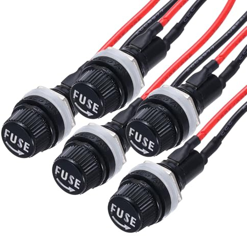 QUARKZMAN Sicherungshalter 5x20mm AC250V 10A/AC125V 15A Schraubkappen 5Stk | Panel-Montage-Sicherungshalter mit vorgelöteten Drähten runde Anschlussbuchse