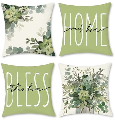 Hopomoon Cushion Covers 40 x 40 cm Set of 4,Green Eucalyptus Spring Floral Decorative Square Throw Pillow Case for Couch Bed Car and Outdoor